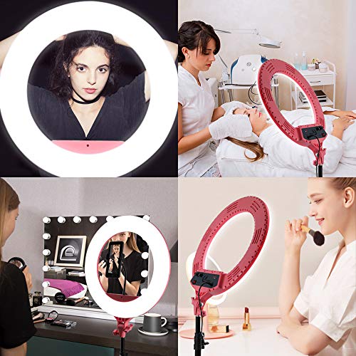 18" Selfie Ring Light|Dimmable/High Light|Cell Phone Holder|Bluetooth Remote|69inch Tripod Stand|Make up Mirror|Live Stream/Makeup/Selfie/YouTube Video/Photography/Zoom Video (18" Pink)