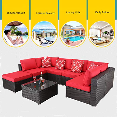 Do4U 8 Pieces Patio Furniture Sets Outdoor All-Weather Wicker Rattan Sofa Cushioned Seating and Back Sectional Conversation Set, Two Red Pillows (Red)