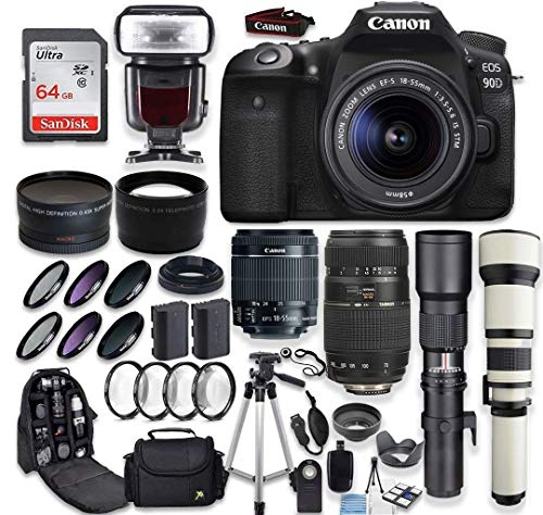 Canon EOS 90D DSLR Camera EF-S 18-55mm Tamron 70-300mm Lens 500mm & 650-1300mm Telephoto Preset Lens Wide Angle Accessory Bundle
