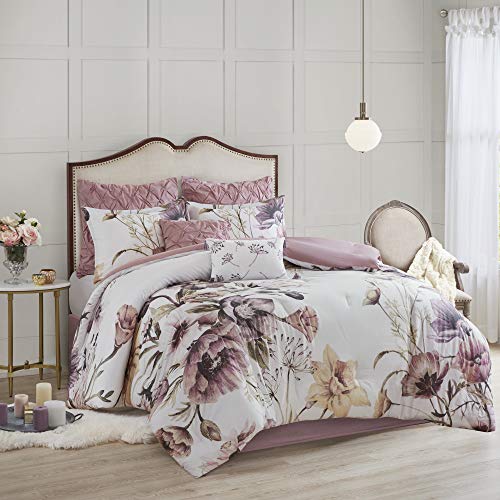 Madison Park Cassandra 8 Pc 100% Cotton Percale Large Floral Print with Reverse Solid Embroidered and Tufted Toss Pillows Shabby Chic All Season Comforter Bedding Set, Cal King, Blush