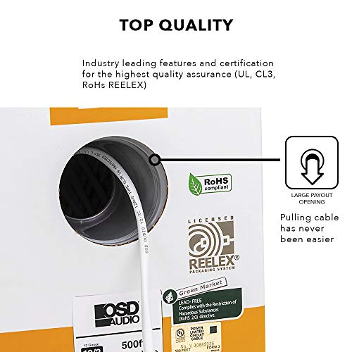 OSD 14 Gauge 2-Conductor 500FT UL CL3 Rated Oxygen Free in Wall Black Speaker Wire Pure Copper, Direct Burial Graded