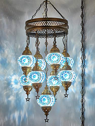 (Customizable Globes) DEMMEX 2019 Hard-Wired or PLUGIN 1,3,5,7,9 Globes Chandelier Lights Turkish Moroccan Mosaic Ceiling Hanging Pendant Chandelier Light Lighting (9 Globes PlugIn, 41")