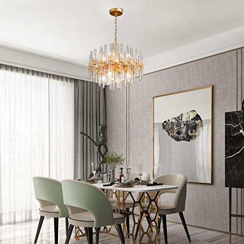 TZOE Modern Chandeliers,Crystal Chandelier,8 Light Round Pendant Light,Width 19 inch,Golden Metal + Clear Glass,Adjustable Height,UL Listed