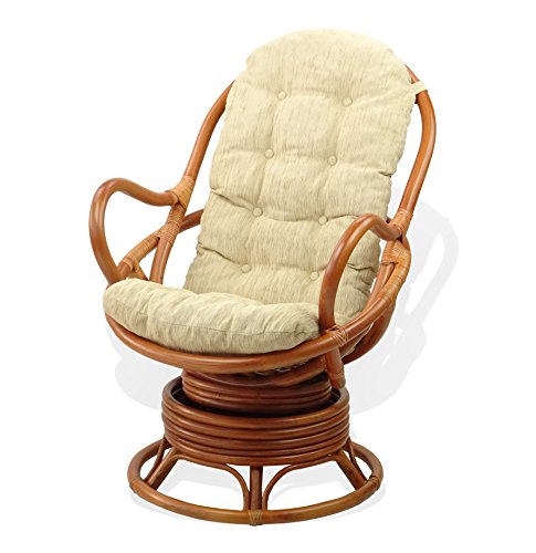 Java Lounge Swivel Rocking Chair with Cream Cushion Natural Rattan Wicker Handmade, Colonial