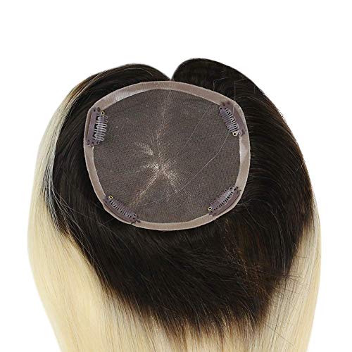 LaaVoo Topper Hair Pieces Straight Human Hairpieces for Women Ombre Darkest Brown to Light Blonde Ombre With Mono Base 5X5 inch Long Topper Hair Extensions 130% Density Free Part Human Hair