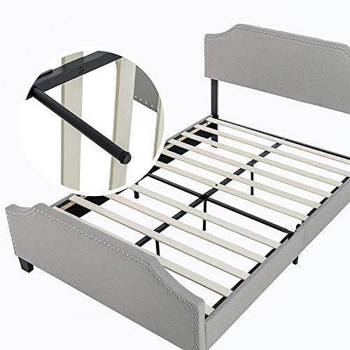LAGRIMA Upholstered Linen Platform Bed, Curved Shape Headboard, Footboard and Metal Frame with Sticky Wood Slat Support, Headboard Height Adjustable, Khaki, Queen