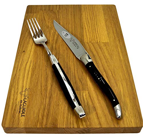 Laguiole en Aubrac Stainless Steel Set of 2 Forks and 2 Knives with Water Buffalo Handle