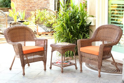 Jeco 3 Piece Wicker End Table Set with with Orange Chair Cushion, Honey