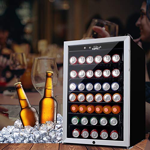 KUPPET 150-Can Beverage Cooler and Refrigerator, Small Mini Fridge for Home, Office or Bar with Glass Door and Adjustable Removable Shelves,Perfect for Soda Beer or Wine, Stainless Steel, 4.5 Cu.Ft.