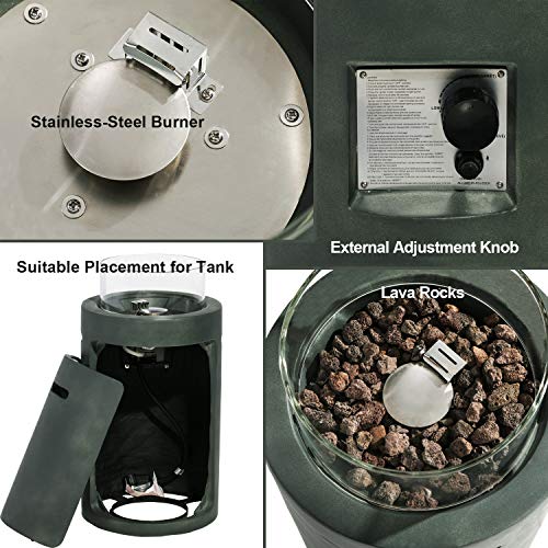 COSIEST Outdoor Propane Fire Pit Table W/ Compact Ledgestone 16in Round Graphite Base & Glass Wind Guard Free Lava Rocks Fits 20gal