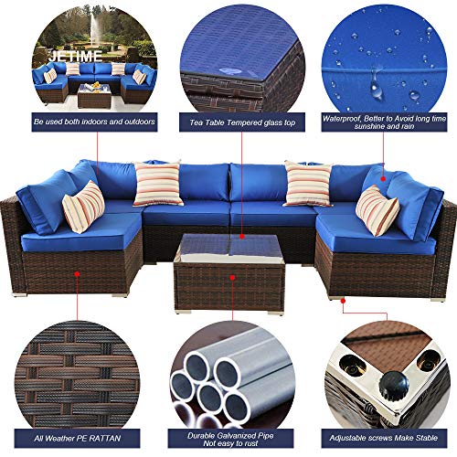 Outdoor Sofa Set Brown Rattan Couch Wicker 7PCS Sectional Conversation Lawn Garden Patio Furniture Set with Royal Blue Cushion