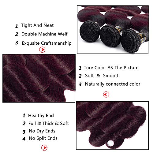 12A Brazilian Remy Hair Body Wave Bundles with Closure 2 Tone Ombre Hair 20" 18" 16" with 14" Free Part Burgundy Dark Wine Red Two Tone Ombre Bundles with Lace Closure