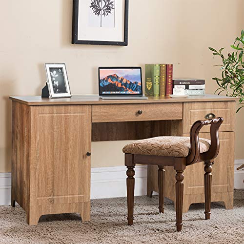 Tangkula 59 Inches Computer Desk, Wood Executive Desk Home Office Desk with Storage Drawers & Cabinet, Writing Study Table Computer Workstation, PC Laptop Desk for Bedroom & Office (Natural)