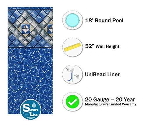 Smartline Manor 18-Foot Round Pool Liner | UniBead Style | 52-Inch Wall Height | 20 Gauge Virgin Vinyl Material | Strong and Durable Liners | Designed for Steel Sided Above-Ground Swimming Pools
