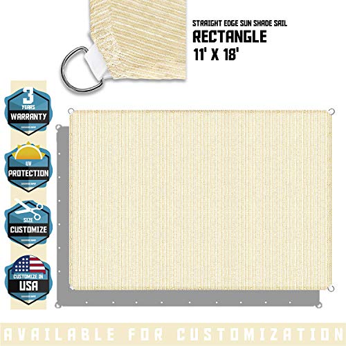 TANG Sunshades Depot 11'x18' Straight Side Sun Shade Sail 180 GSM Beige Patio Rectangle Shade Fabric UV Blocker Shelter Deck Dock Carport Driveway Pergola Cover Outdoor Backyard Deck 3 Year Warranty