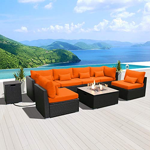 Modenzi Outdoor Sectional Patio Furniture W/ Propane Fire Pit Table Espresso Brown Wicker Resin Garden Conversation Sofa Set