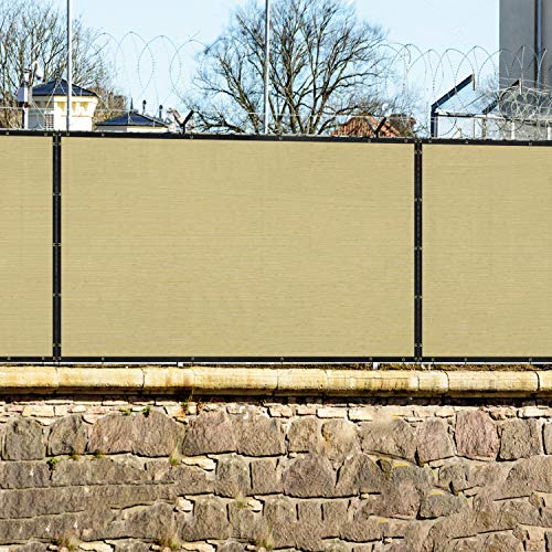 Windscreen4less Heavy Duty Privacy Screen Fence in Color Beige with White Stripes 5' x 200' Brass Grommets w/3-Year Warranty 150 GSM (Customized Size)