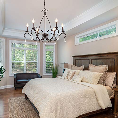 LALUZ Rustic Farmhouse Chandelier, 6-Light Bronze French Country Chandeliers with Crystal Pendants for Dining Room, Living Room, Kitchen, 28''