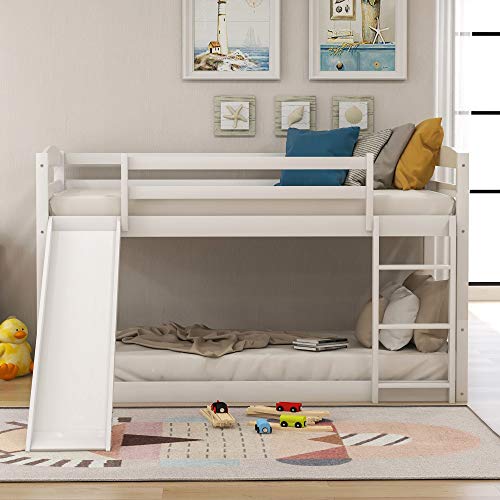 Twin Over Twin Bunk Bed with Slide, Wood Twin Low Bunk Bed for Kids,with Built-in Ladders, White
