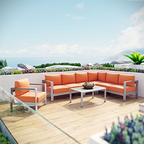 Modway Shore 6-Piece Aluminum Outdoor Patio Sectional Sofa Set in Silver Orange