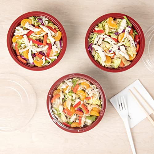 18 Ounce Plastic Food Bowls, 200 With Lid Disposable Food Containers - Mircowave-Safe, BPA-Free, Black And Red Plastic To Go Bowls, Disposable - Restaurantware
