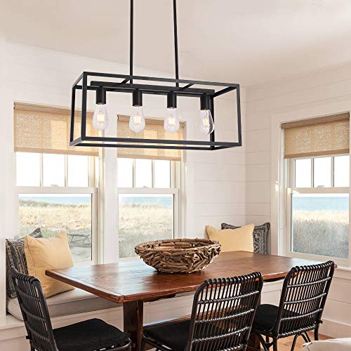 VINLUZ Rectangular Metal Chandelier.6 Light Black Linear Industrial Pendant Lights Cage Island Ceiling Lighting Fixture for Dining Room Kitchen