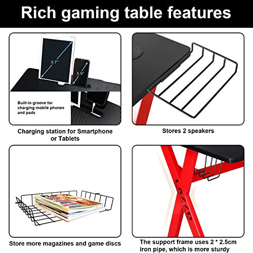 Lazzo Stylish 41.7" Multifunction Computer Gaming Desk Music Workstation With Removable Display Support Plate,Cup Holder and Headphone Hook,Storage Basket,For Home Office Bedroom,Red & Black 41"x23.5"