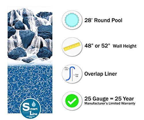 Smartline Waterfall 28 Foot Round Liner | Overlap Style | 48-to-52-Inch Wall Height | 25 Gauge Virgin Vinyl | Designed for Steel Sided Above-Ground Swimming Pools