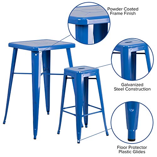 Flash Furniture 23.75'' Square Blue Metal Indoor-Outdoor Bar Table Set with 2 Square Seat Backless Stools