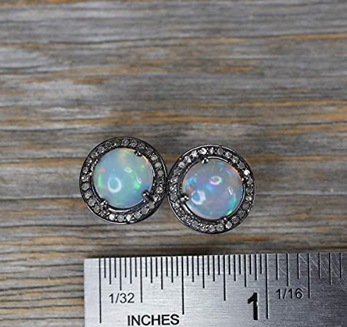 Large Round Opal Stud Earring- Real Opal Pave Diamonds- Oxidized Sterling Silver 10mm- October Birthstone Birthday Women's Jewelry Gift Idea-Holiday