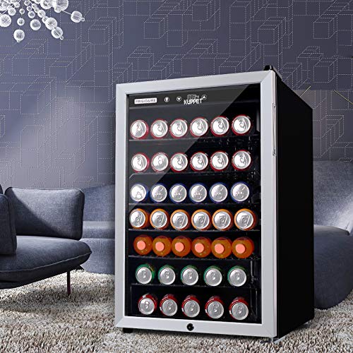 KUPPET 150-Can Beverage Cooler and Refrigerator, Small Mini Fridge for Home, Office or Bar with Glass Door and Adjustable Removable Shelves,Perfect for Soda Beer or Wine, Stainless Steel, 4.5 Cu.Ft.