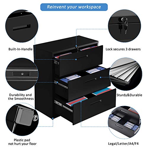 Lateral File Cabinet 3 Drawers with Lock Heavy Duty Metal File Cabinets with Drawers Not Assembled Black 35.4" L ×17.7W ×40.3" H (Black)