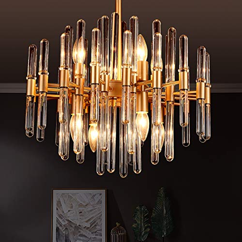 TZOE Modern Chandeliers,Crystal Chandelier,8 Light Round Pendant Light,Width 19 inch,Golden Metal + Clear Glass,Adjustable Height,UL Listed