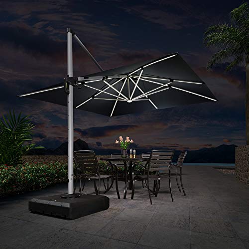 PURPLE LEAF 11Feet Double Top Deluxe Solar Powered LED Offset Hanging Umbrella, Navy Blue