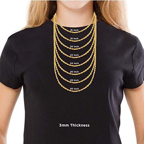 14K Yellow Gold Diamond Cut Rope Chain Necklace for Men and Women – Measures 3mm Thickness x 16 Inches Length