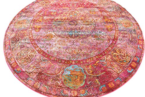 Unique Loom Baracoa Collection Bright Tones Vintage Traditional Round Rug, 8 ft 4 in, Red/Pink