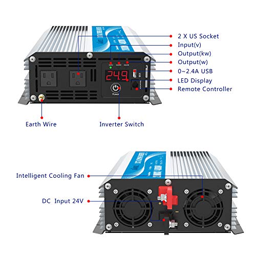 Giandel 1200Watt Power Inverter 24V DC to 110V 120VAC with Solar Charge Controller and Remote and Dual AC Outlets & USB Port