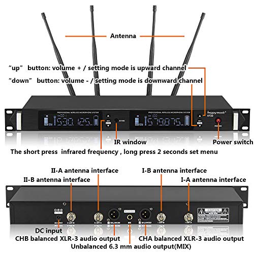 200 Channel 4 Antenna Diversity Dual UHF Professional Wireless Microphone System Up to Range 350ft Karaoke, Meeting, Stage (UT22)