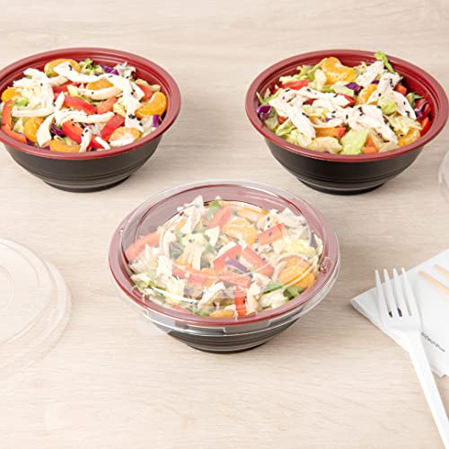 18 Ounce Plastic Food Bowls, 200 With Lid Disposable Food Containers - Mircowave-Safe, BPA-Free, Black And Red Plastic To Go Bowls, Disposable - Restaurantware