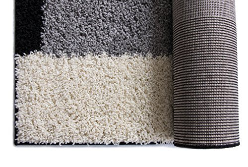 Modern Shag Geometric 8x10 (7'10" x 9'10") Area Rug Cubes Black & Cream Plush Shag Blocks & Squares Plush Shag Easy Care Thick Soft Plush Living Room�