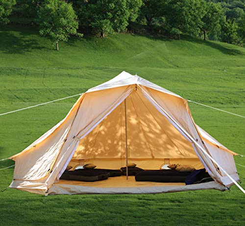 PlayDo 4-Season Waterproof Cotton Canvas Bell Tent Wall Yurt Tent with Stove Hole for Outdoor Camping Hunting Hiking Festival Party (with Big Windows&Stove Hole, 5M/16.4ft)