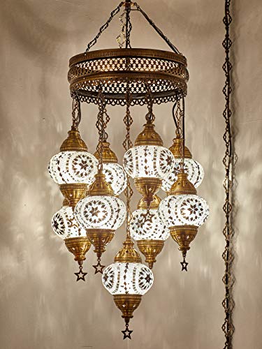 (Customizable Globes) DEMMEX 2019 Hard-Wired or PLUGIN 1,3,5,7,9 Globes Chandelier Lights Turkish Moroccan Mosaic Ceiling Hanging Pendant Chandelier Light Lighting (9 Globes PlugIn, 41")