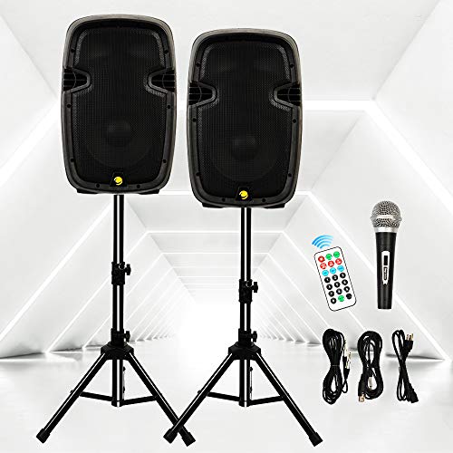 La fete Dual 2-Way 10'' 1600 Watt Powered PA Speaker System, Portable DJ Speaker with Active + Passive Speakers, 2 Speaker Stands, Microphone, Bluetooth, USB/SD Card, FM Radio, Remote Control