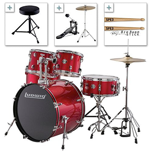 Ludwig Accent Drive Series LC175 Complete Drum Package with Cymbals, Hardware, Drum Throne, Chain-drive Pedal and Sticks (Red foil)