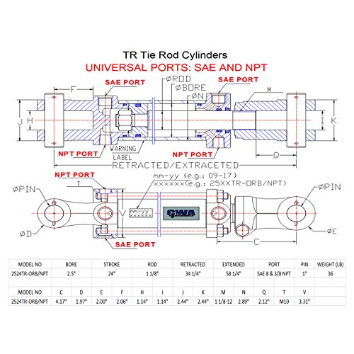 CWA Hydraulics TR Tie Rod Cylinder 2 1/2" Bore x 24" Stroke x 1 1/8" Rod x 2500 PSI - Port: SAE 8 and 3/8 NPT