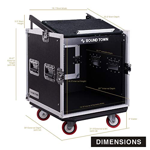 Sound Town 10U PA DJ Pro Audio Rack/Road ATA Case with 13U Slant Mixer Top, 23.5’’ Rackable Depth and Casters, 10 Space Size (STMR-10UW)
