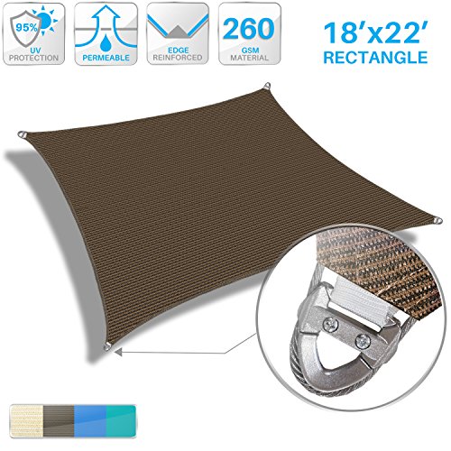 Patio Large Sun Shade Sail 18' x 22' Rectangle Heavy Duty Strengthen Durable Outdoor Canopy UV Block Fabric A-Ring Design Metal Spring Reinforcement 7 Year Warranty -Brown