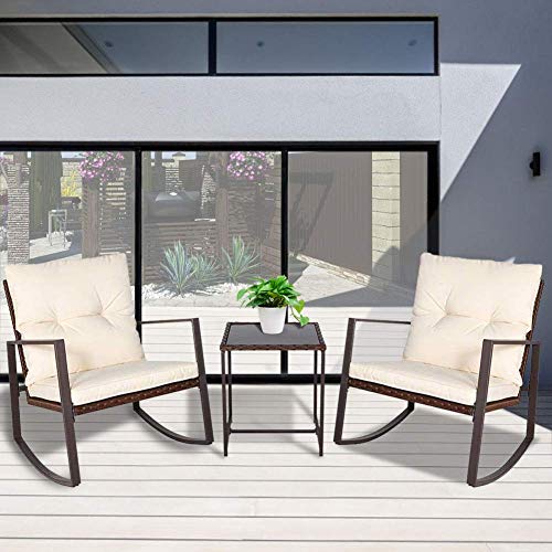 BonusAll 3 Pieces Outdoor Patio Set Rocking Chair Patio Furniture Sets Conversation Sets with Coffee Table Light Blue