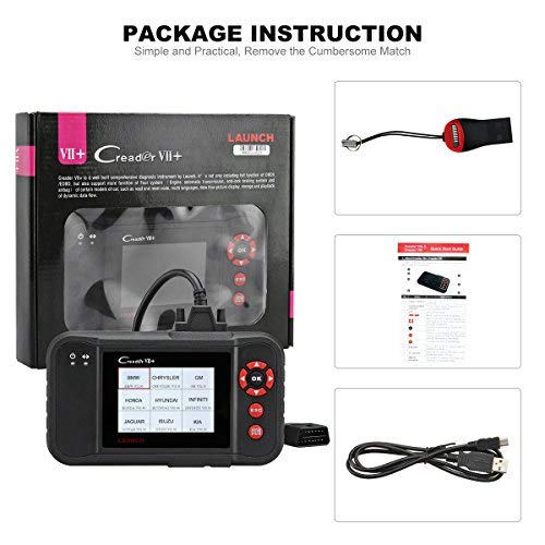 LAUNCH Creader VII+ OBD2 Scanner for Engine/Transmission/ABS/Airbag Code Reader Car Diagnostic Scanner Scan Tool + 16 Pin Extension Cable