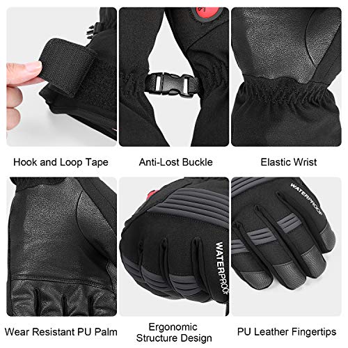 KUTOOK Electric Heat Gloves Rechargeable Battery Heated Gloves Waterproof Windproof in Winter Cold Weather Men Women Black Large